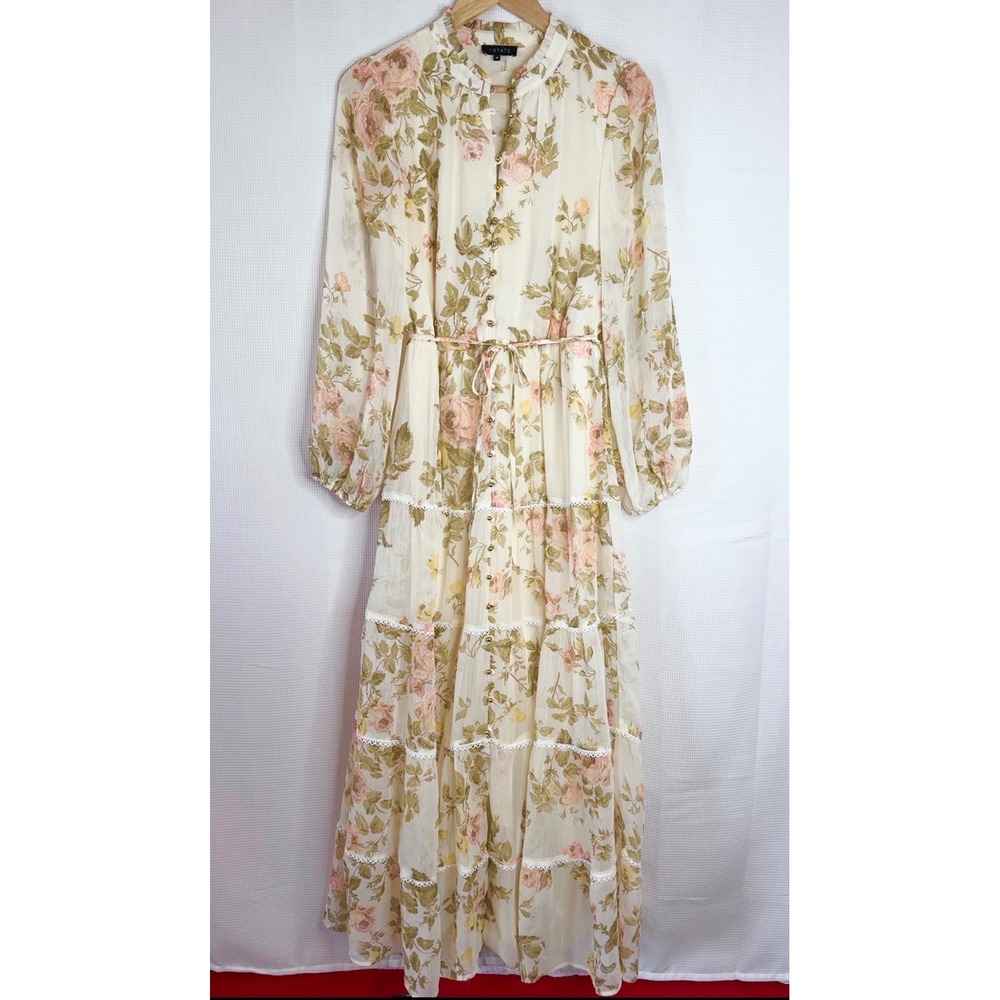 Floral Maxi Dress Womens Cream Pink Cottagecore Boho Tiered Lace ButtonUp Medium